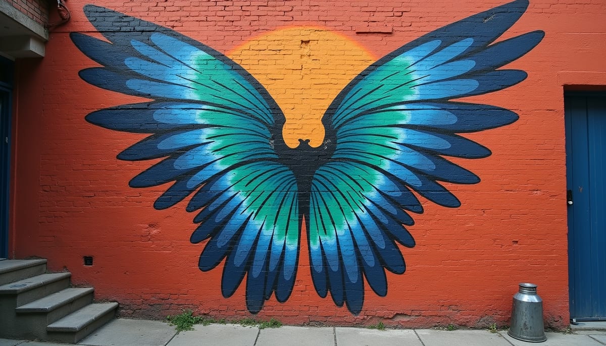 Eye-level view of colorful mural wings on an urban brick wall