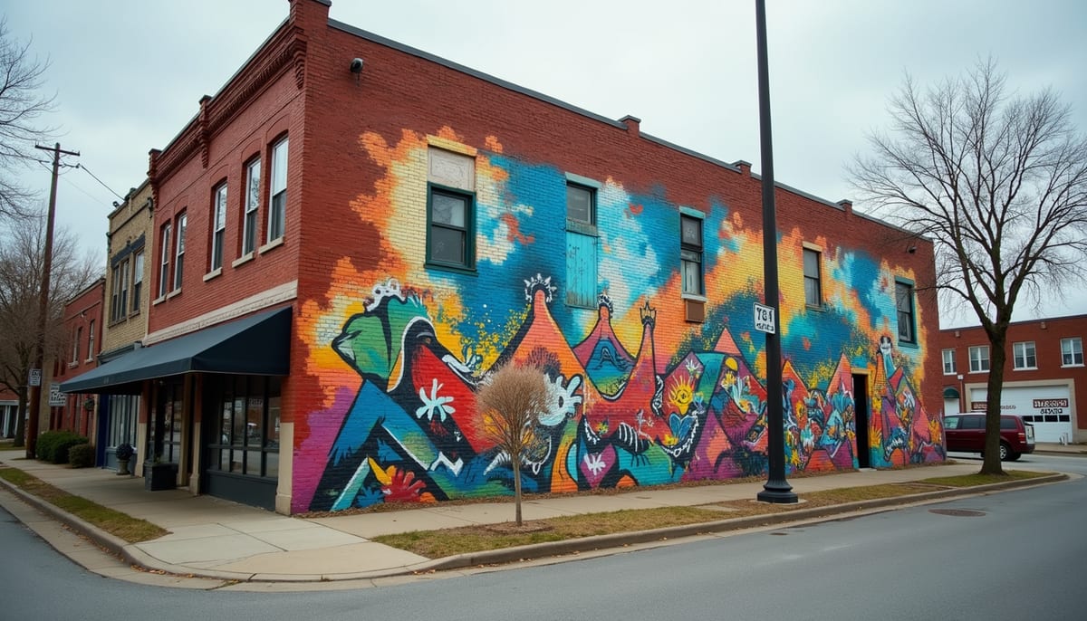 Wide angle view of colorful mural on a brick building in East Nashville
