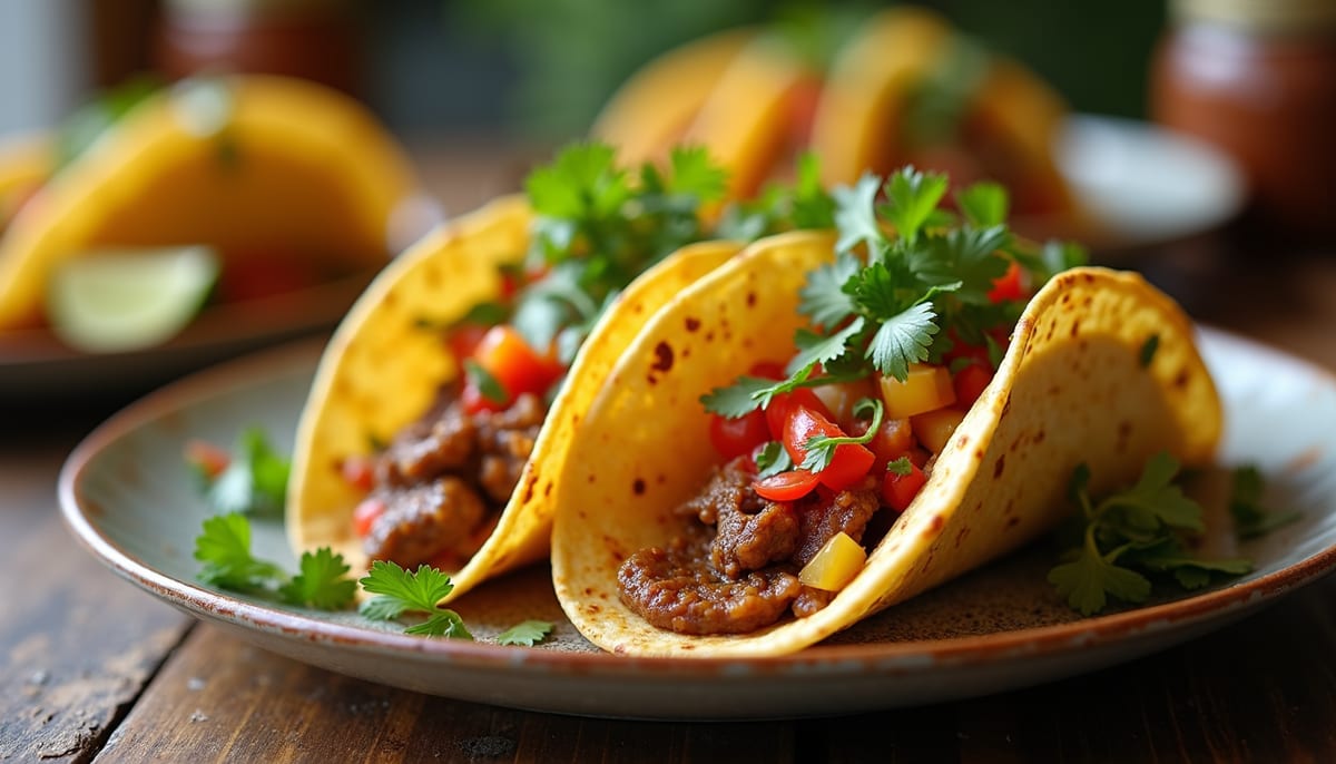 Close-up view of colorful tacos with fresh toppings on a rustic plate