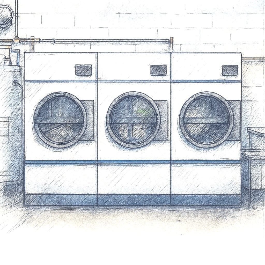A bank of commercial dryers running a linen load