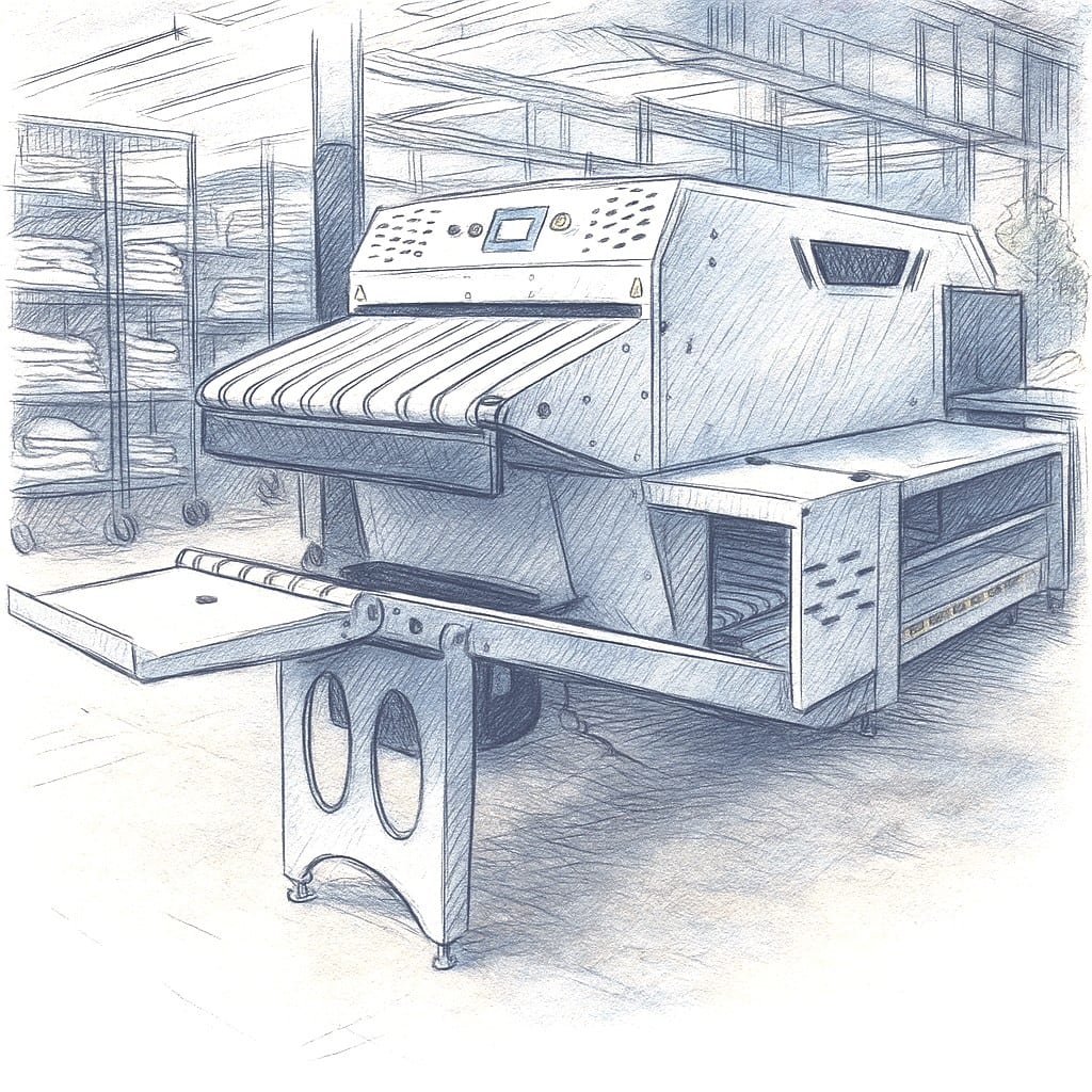The flatwork ironing line feeding crisply pressed sheets