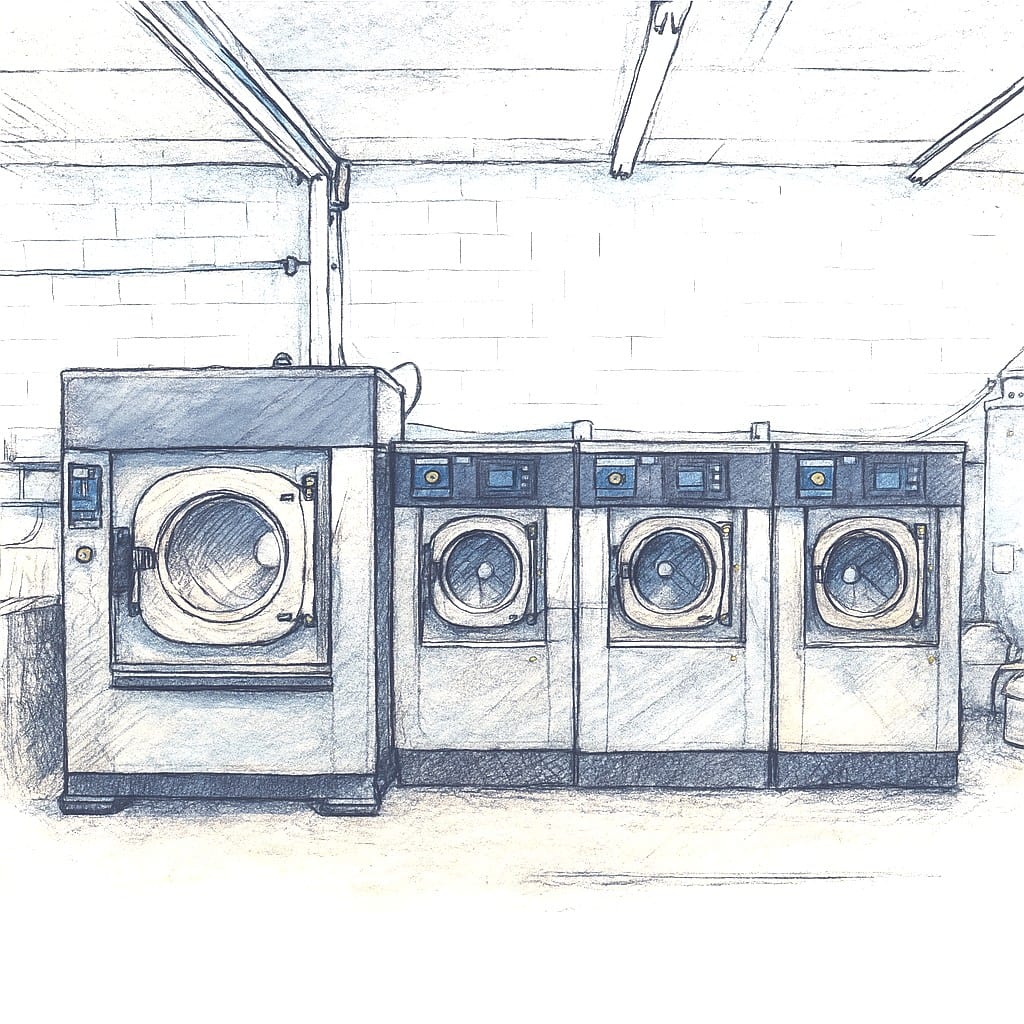 High-capacity washer-extractors beside a row of commercial front-load washers