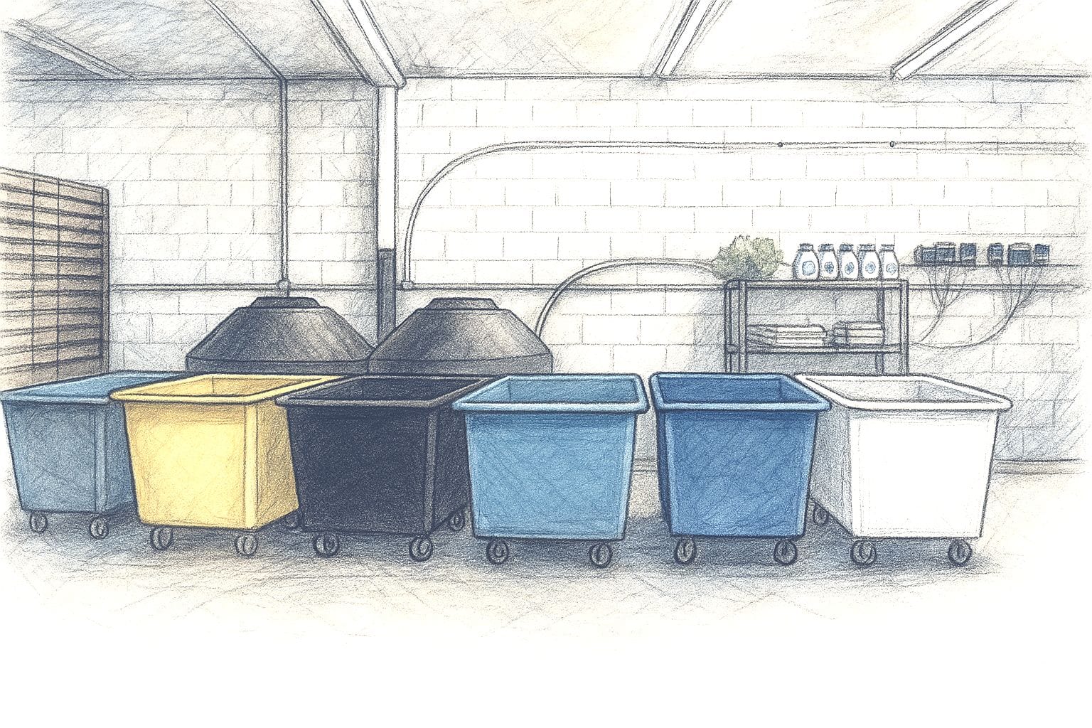 Color-coded laundry carts staged for property turns