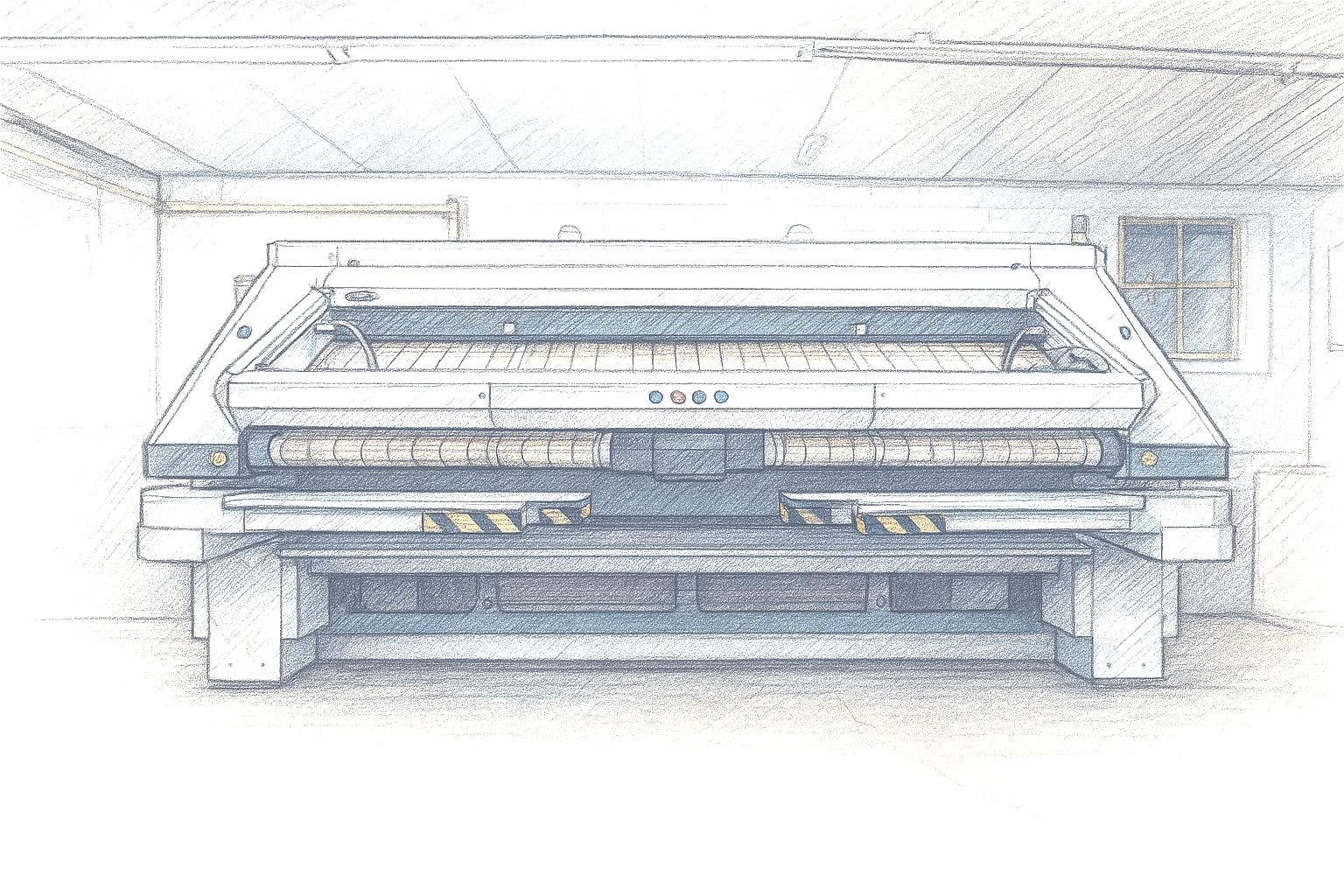 An industrial flatwork ironer pressing linens hotel-flat