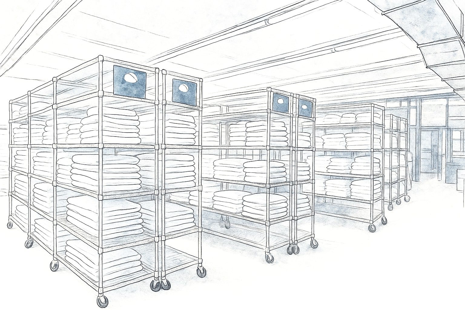 Racks of par-stocked, folded linen sets ready to dispatch